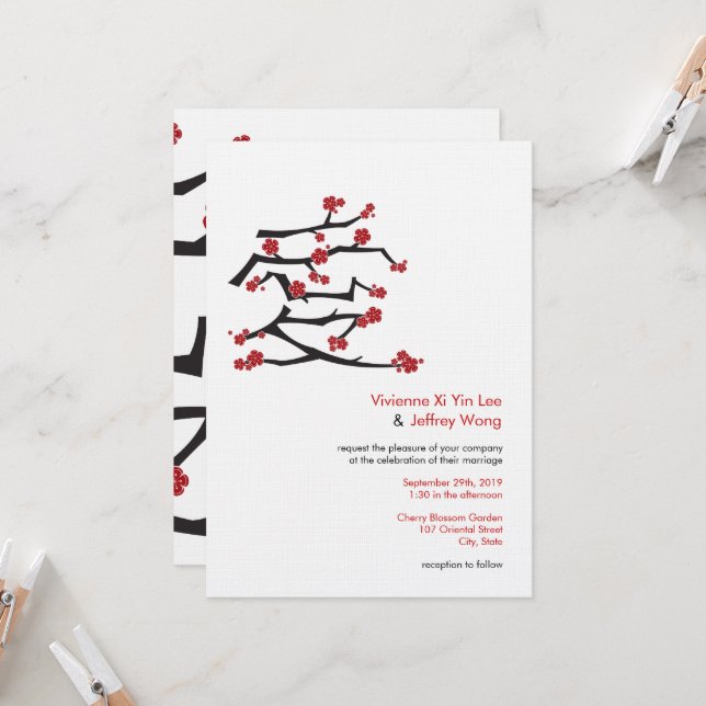 Invitation Chinois Ai Love Cerise Blossoms Rouge Sakura Maria (Devant/Arrière en situation)