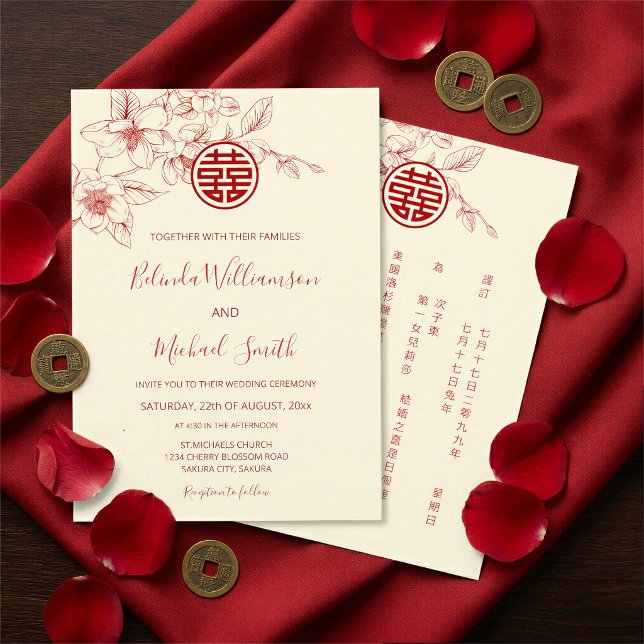 Invitation Chinois Bilingue | Magnolia Cream Mariage Chinois (Créateur téléchargé)