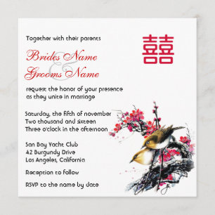 Invitation Chinois floral d'inséparables d'aquarelle XI