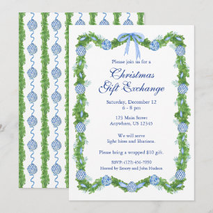 Invitation Chinoiserie Aquarelle bleu Ornement Garland Party