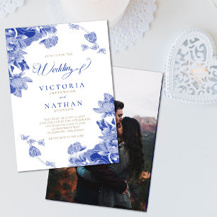 Invitation Chinoiserie Bleu Blanc avec Mariage Floral Photo