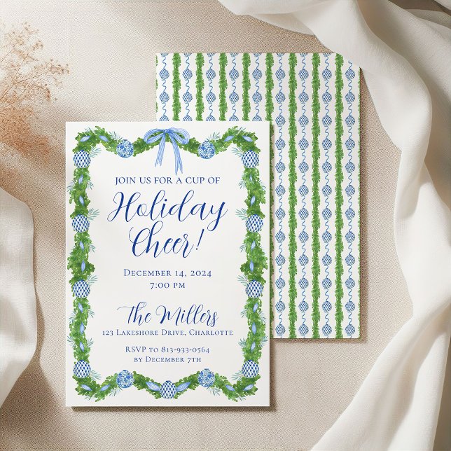 Invitation Chinoiserie bleu et blanc Garland Christmas Party (Créateur téléchargé)