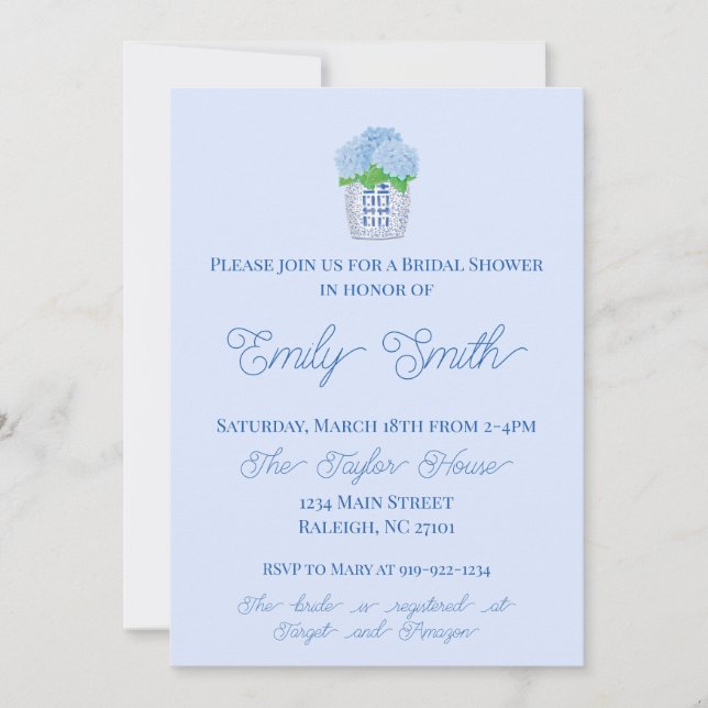 Invitation Chinoiserie bleu et blanc Hydrangea Fête des marié (Devant)