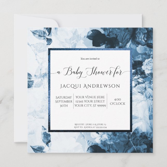 Invitation Chinoiserie Bleu n Blanc Floral Baby shower Script (Devant)