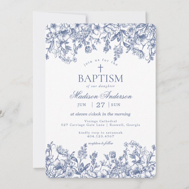 Invitation Chinoiserie Bleue Fleurie Vintage Baptême (Devant)