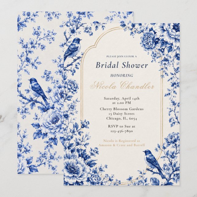 Invitation Chinoiserie Blue Baby Shower Mariage (Devant / Derrière)