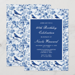 Invitation Chinoiserie Blue Birds and Flowers Anniversaire