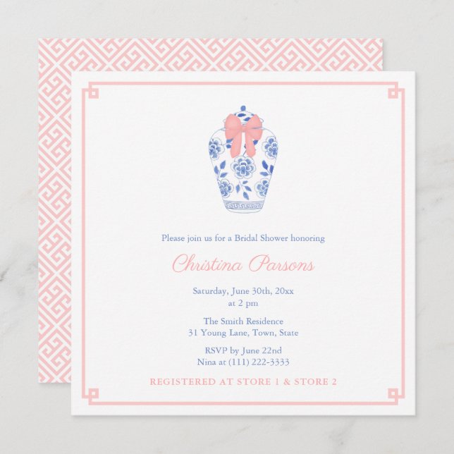 Invitation Chinoiserie Blue White Pink Wedding shower Party (Devant / Derrière)