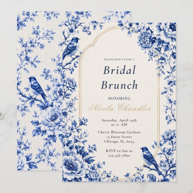 Invitation Chinoiserie Brunch de Mariage Bleu (Devant / Derrière)