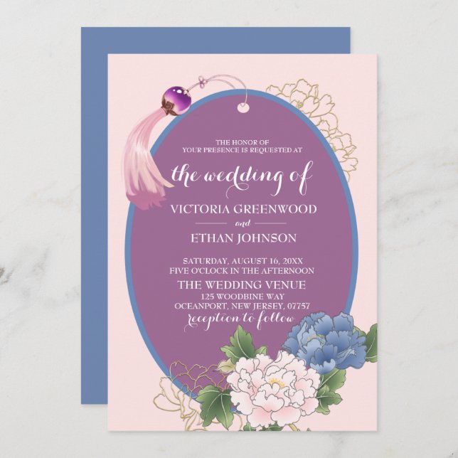 Invitation Chinoiserie Chic Peonies & Tassel Mariage Invitati (Devant / Derrière)