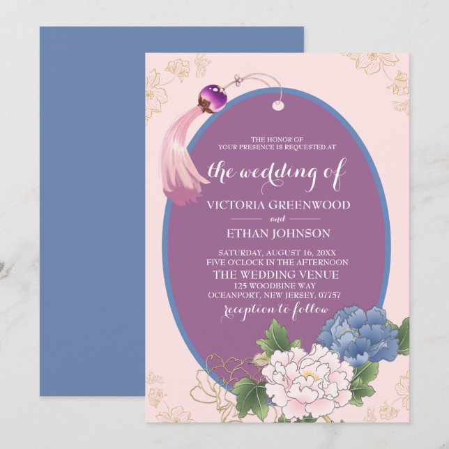 Invitation Chinoiserie Chic Peonies & Tassel Mariage Invitati (Devant / Derrière)