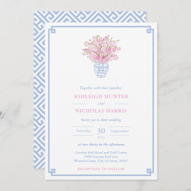 Invitation Chinoiserie Chic Rose Et Bleu Aquarelle Mariage (Devant / Derrière)