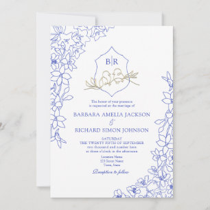 Invitation Chinoiserie Crête Florale Bleue Mariage