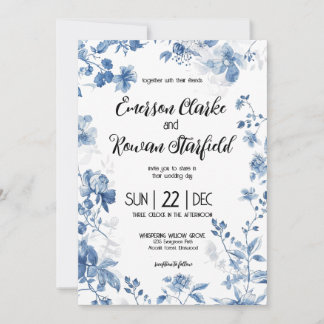 Invitation Chinoiserie Élégante Fleur de Toile Bleue Français
