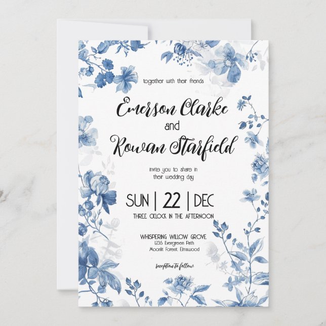 Invitation Chinoiserie Élégante Florale Toile Bleu Français (Devant)