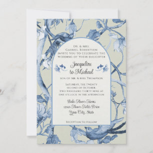 Invitation Chinoiserie Floral Blanc Bleu n Sage Oiseaux Maria