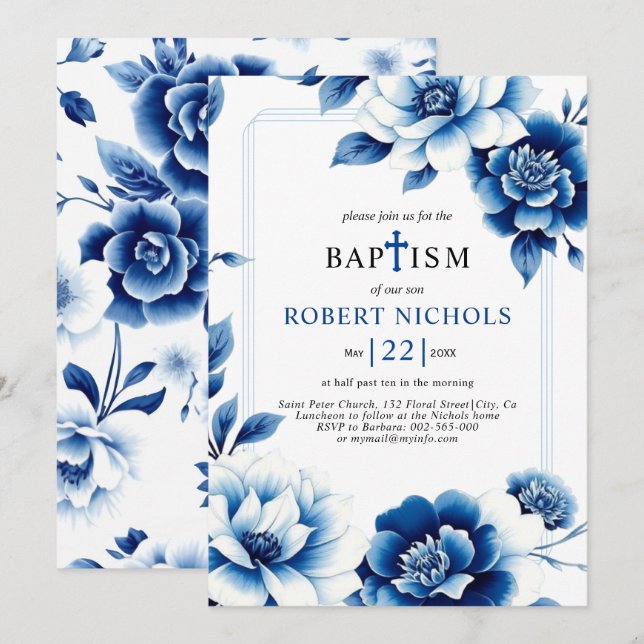 Invitation Chinoiserie florale bleue avec triple bordure Bapt (Devant / Derrière)