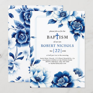 Invitation Chinoiserie florale bleue avec triple bordure Bapt