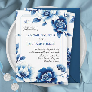 Invitation Chinoiserie florale bleue et mariage triple fronti