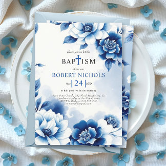 Invitation Chinoiserie florale bleue, lavage à l'aquarelle Ba