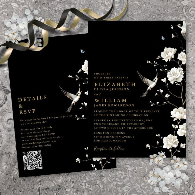 Invitation Chinoiserie Florale et Gold Mariage de code QR (Black And Gold Chinoiserie Floral QR Code Wedding Invitation)