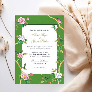 Invitation Chinoiserie Florale Mariage Cadre Vert & Or