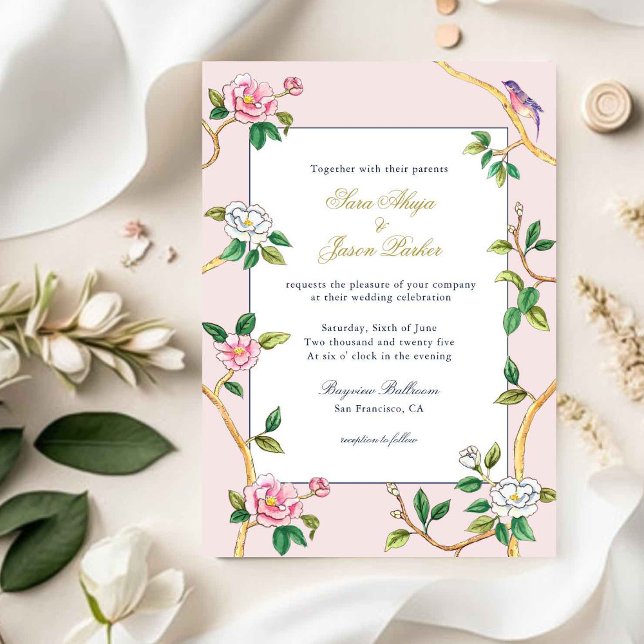 Invitation Chinoiserie florale Mariage rose et blanc (Créateur téléchargé)