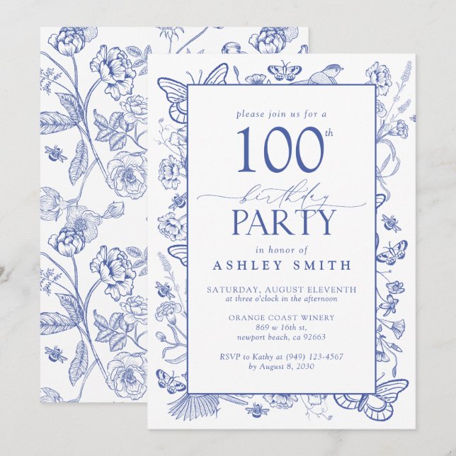 Invitation Chinoiserie French Blue 100e fête d'anniversaire (Devant / Derrière)