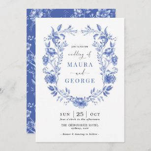 Invitation Chinoiserie Garden Delft Blue Floral Crest Mariage