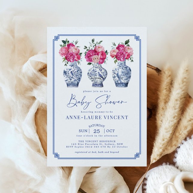 Invitation Chinoiserie Ginger Jars Baby shower Pink Peonies (Créateur téléchargé)