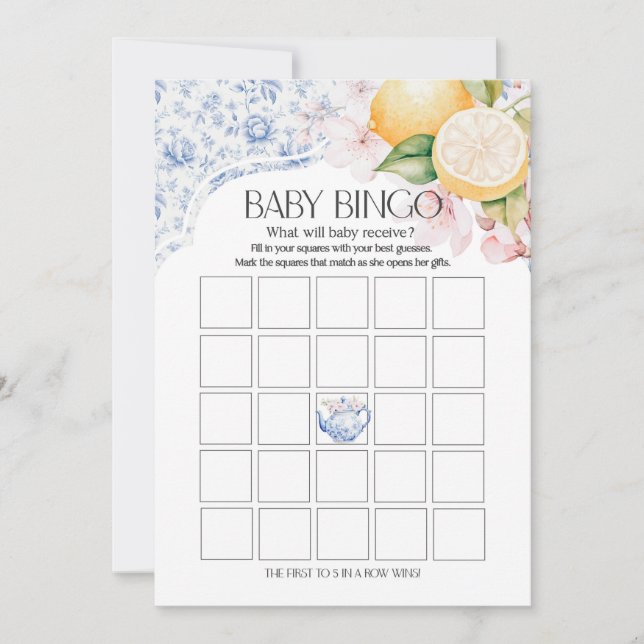 Invitation Chinoiserie Lemon Tea Party Baby Bingo Douche Jeu (Devant)