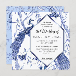 Invitation Chinoiserie Marine bleu Peacock Butterfly Hexagon
