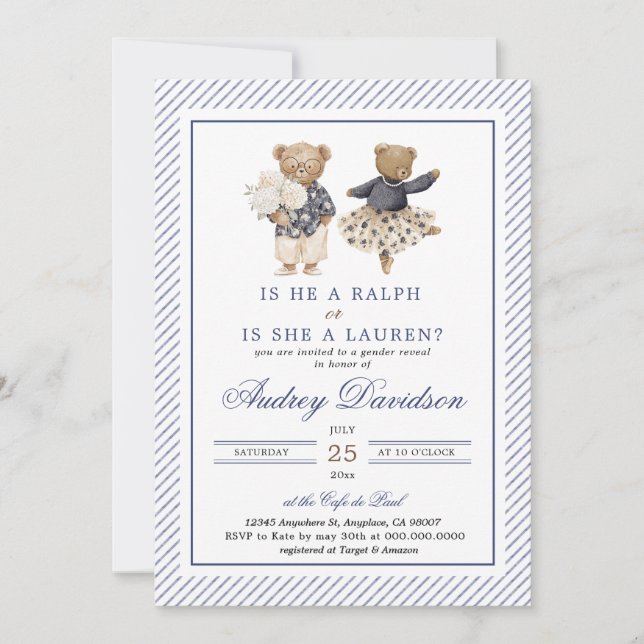 Invitation Chinoiserie Preppy Ralph Polo Bear Gender Reveal  (Devant)