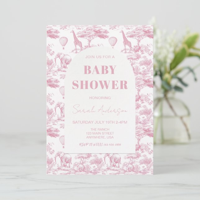 Invitation Chinoiserie rose Baby shower Toile de Jouy (Debout devant)