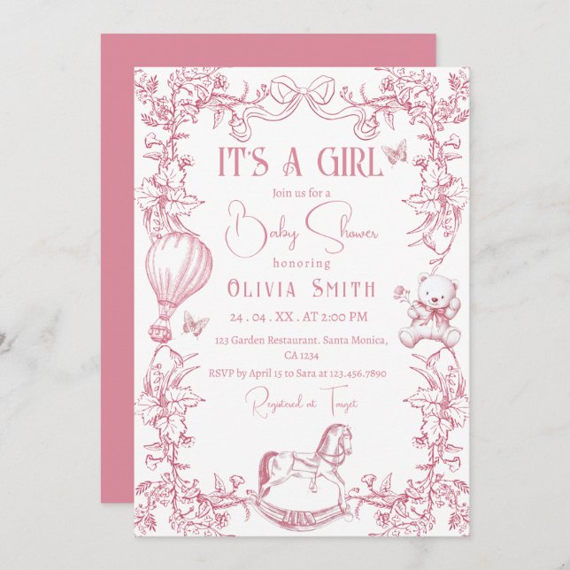 Invitation Chinoiserie rose Baby shower Vintage Toile (Devant / Derrière)