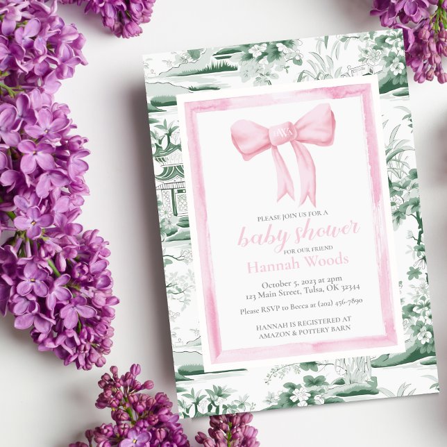 Invitation Chinoiserie rose et vert Bow avec retouche (Créateur téléchargé)