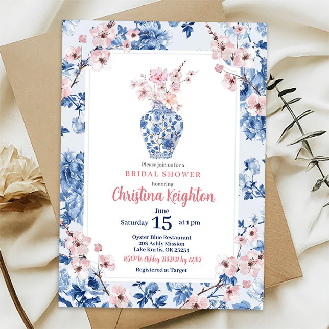Invitation Chinoiserie Rose Fleur de Cerisier Enterrement de  (Créateur téléchargé)