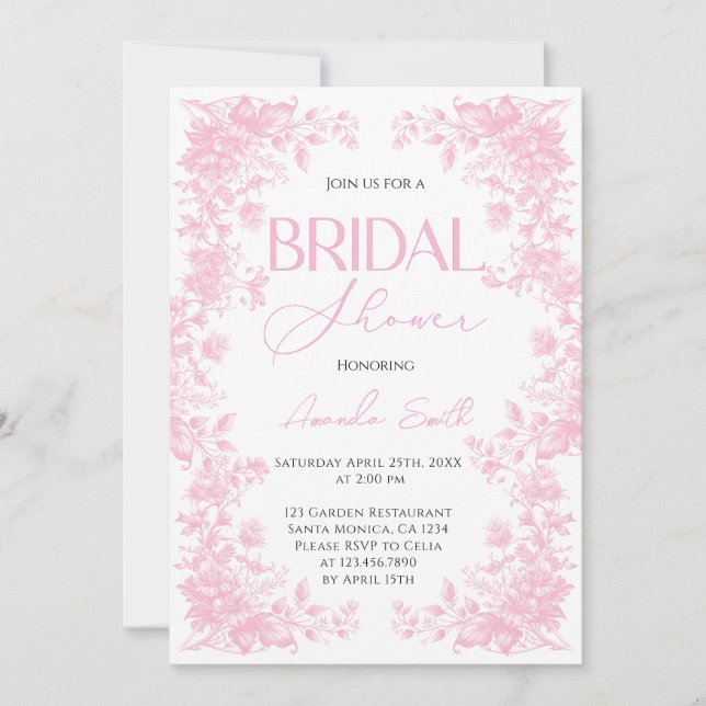 Invitation Chinoiserie rose Fleur Jardin douche nuptiale (Devant)