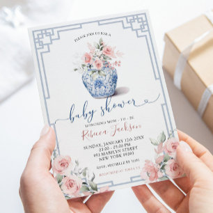 Invitation Chinoiserie rose pâle Baby shower de pot de gingem