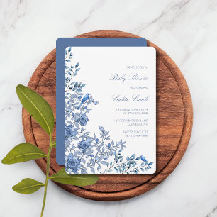 Invitation Chinoiserie Toile Bleu Poussiéreux Fleur Baby Show