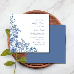 Invitation Chinoiserie Toile Bleu Vintage Fleurs Baby Shower