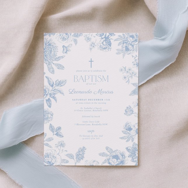 Invitation Chinoiserie Toile Bleue Florale Baptême (Blue Chinoiserie Baptism Invitation with blue cross and floral details. Perfect for Boy Baptism)