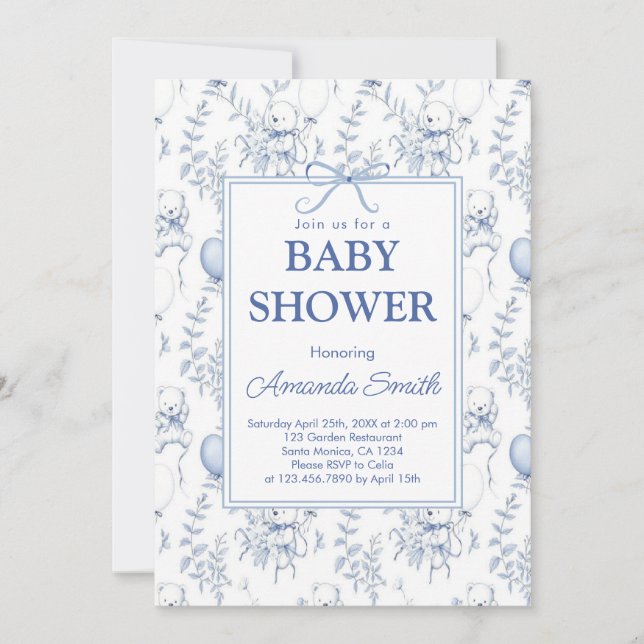 Invitation Chinoiserie Toile de Jouy baby shower bleu (Devant)
