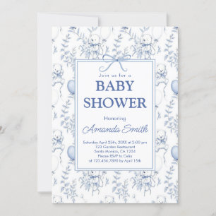 Invitation Chinoiserie Toile de Jouy baby shower bleu