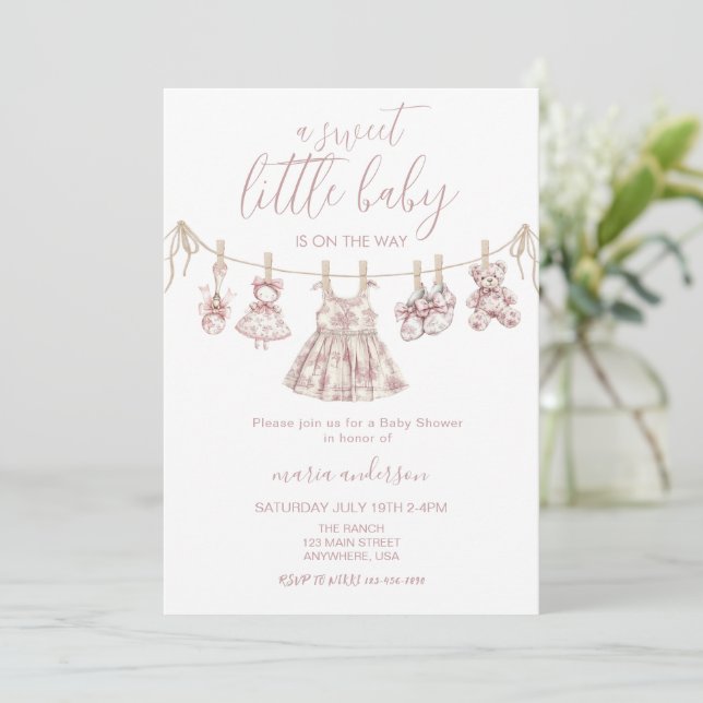 Invitation Chinoiserie Toile Girl Baby shower de vêtements bé (Debout devant)