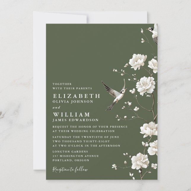 Invitation Chinoiserie Vert Olive Floral Tout en un Mariage (Devant)