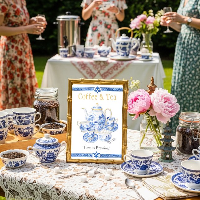 Invitation Chinoisierie bleu Café & Thé L'amour est dans l'in (Chinosierie Coffee and Tea Love is Brewing Sign)