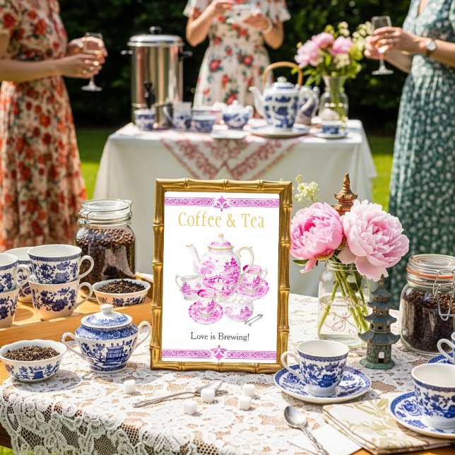 Invitation Chinosierie Pink Coffee & Tea Love is Brewing Sign (Chinosierie Pink Coffee & Tea Love is Brewing Sign)
