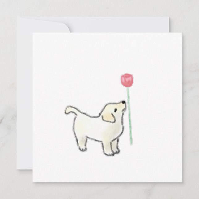Invitation Chiot Blanc Sentant une Fleur Rose (Devant)