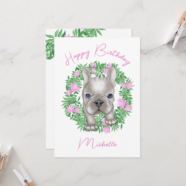 Invitation chiot bouledogue français avec couronne de fleurs (Devant/Arrière en situation)